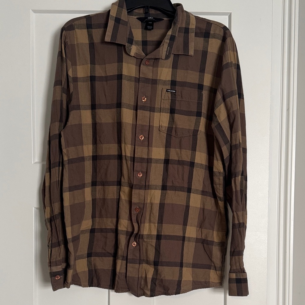 Volcom Brown Plaid Lightweight Button Down Shirt - Size Large